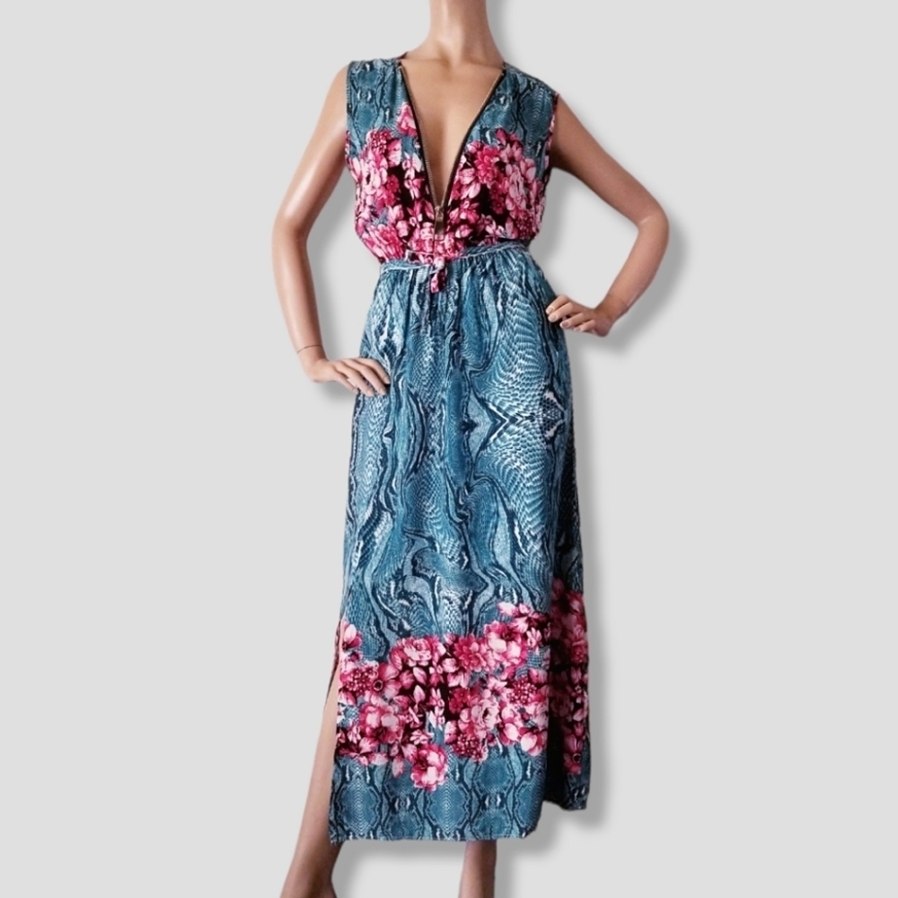 Snake & Floral Paneled Maxi Dress With Front Zipper, Side Slits & Waist Ties